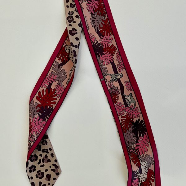 twilly silk scarf, pink twilly, leopard print twilly.
